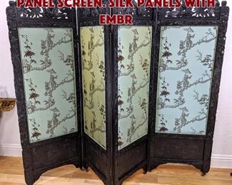 Lot 447 Carved Wood Asian 4 Panel Screen. Silk panels with embr