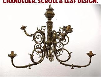 Lot 464 Antique 6 Arm Brass Chandelier. Scroll leaf design. 