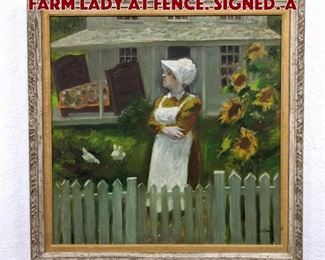 Lot 567 ALLEN Painting on Canvas. Farm lady at fence. Signed. A