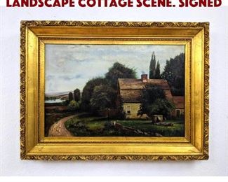 Lot 568 Oil Painting on Canvas Landscape Cottage Scene. Signed 