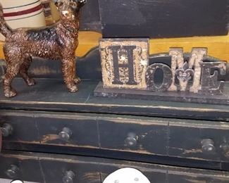 Much vintage and modern collectibles and decor. Cast iron dog door stop