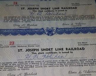 St. Joseph items. Stock certificates St. Joseph Short Line Railroad