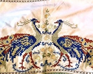Vintage Peacock Cross Stitch Bureau Scarf