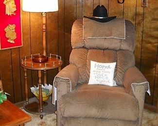 BROWN RECLINER AND FLOOR LAMP TABLE (THERE ARE 2 OF THESE TABLES