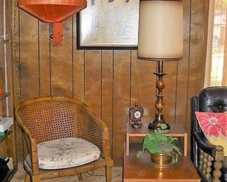 BARREL CANE BACK CHAIR AND STEP BACK END TABLE (THERE ARE 2 OF THESE TABLES ALSO)