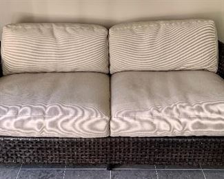 Item 1: Antalya Sofa by McGuire Furniture Co. - laced, recyclable woven resin straps over powder-coated aluminum frames made from 80% recycled material - 74.5"l x 32.5"w x 29"h: $2200