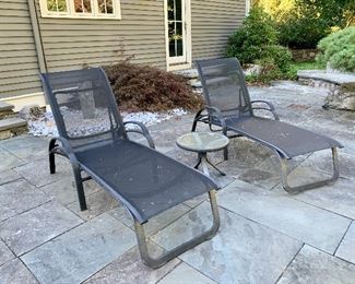 Item 21: (2) Brown Jordan lounge chairs - 22.75"l x 47"w x : $425 for pair - SOLD Item 22: Brown Jordan side table - 18" x 37": $125 STILL AVAILABLE