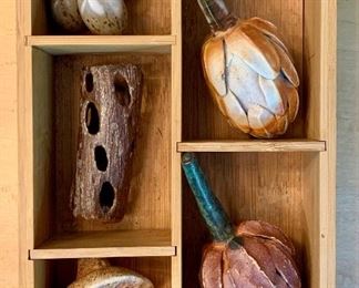 Item 102: Hand formed pottery pieces in box: $85