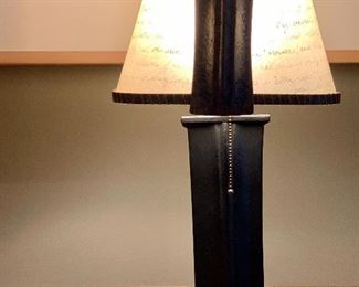 Item 36: Wrought iron lamp with parchment shade signed Jack Brubaker - 22.5”: $175
