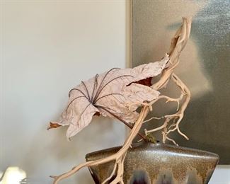 Item 51: Large art pottery piece with dried leaf & driftwood - 15.5" x 25.5": $125