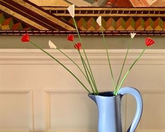 Item 55: Blue pitcher with polymer clay flowers - 13.5": $65