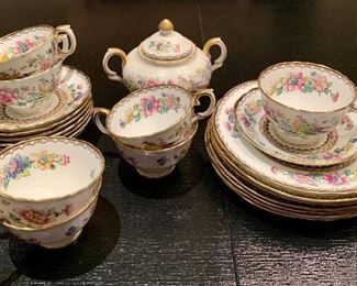 Item 56: Antique Staffordshire Crown Colorful Pheasant Bird & Flowers A15322 Luncheon Set: 7 luncheon plates, 7 cups, 8 saucers, 1 sugar bowl: $175