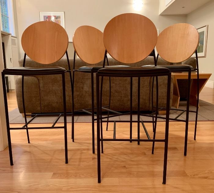 Item 17:  (4)  Dakota Jackson Wood and Metal Modern Custom "Vik-Teo 2" Barstools with Black Metal Seats:                                                
18"l x 15"w x 47"h & seat height - 30": $2500