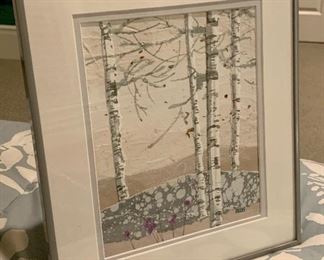Item 73: Artist Mary Ross - Collage of Birch Trees and Rock Wall - 12.25" x 14.25": $95