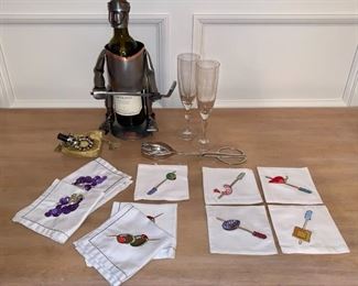 Item 187: Hockey Wine Caddy, two glasses, wine stopper, ice tongs and Crate and Barrel cloth appetizer napkins: $45