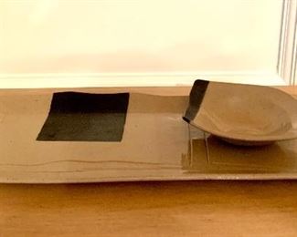 Item 188: Studio Pottery Tan Platter with Dip Dish: $18