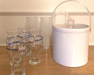 Item 191: Set of Sam Adams Glasses, Two Double Walled Drink Glasses and an Ice Bucket: $28