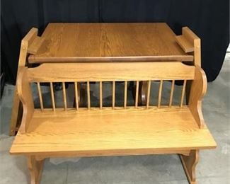 Lot 39
solid oak mission dining table with two leaves and matching Seely bench