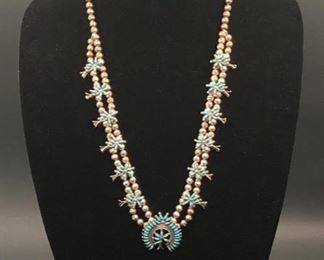 Zuni Needlepoint Squash Blossom necklace. Edaakie  sterling, turquoise. 