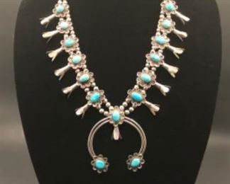 Native American sterling and turquoise Squash Blossom necklace