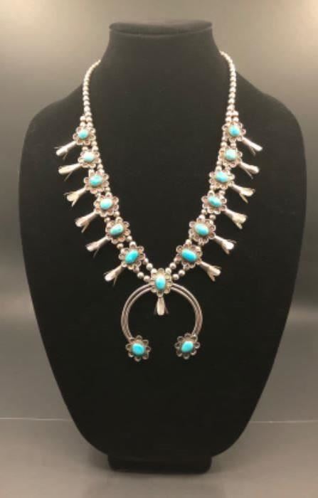 Native American sterling and turquoise Squash Blossom necklace