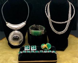 Sterling jewelry including malachite bracelet and earrings, and chunky Plata bracelet with carved green onyx faces.