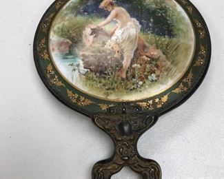 Early 1900s sterling silver and porcelain mirror