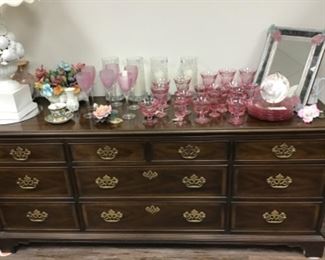 Includes dresser, lingerie cabinet with lined, removable jewelry compartment and two matching nightstands.