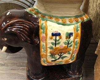 Vintage mid century modern Asian ceramic elephant garden stool raised hand painted detail.