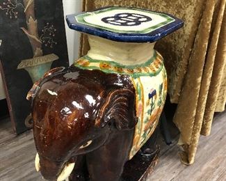Vintage mid century modern Asian ceramic elephant garden stool raised hand painted detail.
