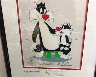 Warner Brothers legendary cartoon characters Sylvester and Junior lithograph. Signatures on print but, personally signed by Tom McKimson and Charles McKimson with an original drawing of Tweety Bird by Charles McKimson. 
