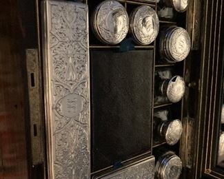 Alt-View: Antique Up for sale in this very unique & RARE Thomas Whitman Dressing Box center ca. 1864 that contains several bottles & jars with Sterling tops (round, rectangular, square) used for other liquids. ONLY >>>> $1,500