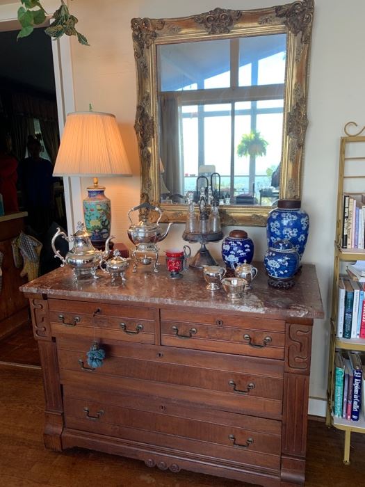 Early marble topped dresser.  Mid century Oriental.  Refurbished silver plate tea set.  Large vintage mirror.