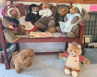 Raikes Originals bears and bunnies ~ Avanti bear (under bench left) ~ Ruxpin bear (under bench right)