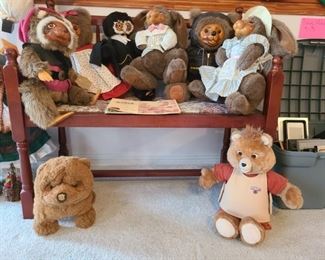 Raikes Originals bears and bunnies ~ Avanti bear (under bench on left) ~ Teddy Ruxpin (under bench on right)