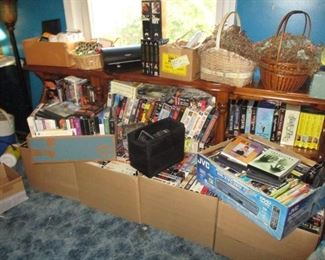 books, baskets, VHS & more
