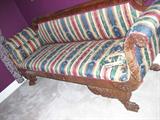 Federal sofa c. 1790-1820, hand carved mahogany and flame mahogany veneers 7'6".