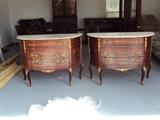 Pair of inlaid demilune console chests mounted with ormolu, 3 drawers above cabriole legs, top is white marble.