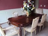 Set of 6 French dining chairs, ivory finish, 2 arm chairs and 4 side chairs, circa 1940-1950, Ashley table, mahogany 1 leaf