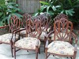Set of 8 shield back arm chairs, tapestry seat, reproduction from 1970-1980.