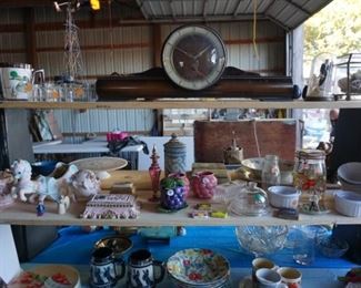 clock, trinket boxes, vintage planters, Fitz and Floyd pasta bowls, glassware, collectibles, perfume bottle
