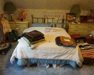 brass bed, vintage chess, blankets, 