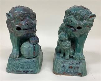 Chinese Old Pair Glazed Porcelain Foo Dogs Statues 18” 
