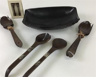 Assorted Bamboo Serving Forks and Spoons With Beautiful Bowl 