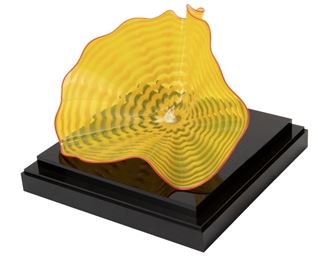 5
Dale Chihuly
b. 1941, American
"Persian" Glass Bowl
Striped yellow glass with red lip on acrylic base
Signed and inscribed: Chihuly / PP08
8" H x 12.5" W x 9" D
Estimate: $1,000 - $2,000