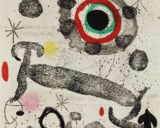 6
Joan Miró
1893-1983, Spanish
"L'Astre Du Marecage," 1967
Color aquatint with carborundum on paper under glass, Maeght Éditeur, Paris, pub.
Edition H.C., (an hors-commerce impression, the edition was 75), signed in pencil lower right: Miro, inscribed in pencil lower left
41" H x 28.75" W
Estimate: $7,000 - $9,000