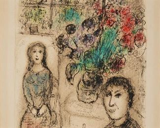 7
Marc Chagall
1887-1985, French
"Le Chevalet Aux Fleurs," 1976
Color lithograph on cream wove paper under Plexiglas, with full margins
Edition 34/50, signed in pencil lower right: Marc Chagall, editioned in pencil lower left
Sheet: 29.75" H x 20" W; Image: 22.25" H x 15" W
Estimate: $7,000 - $9,000