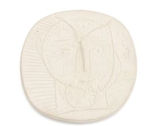 11
Pablo Picasso
1881-1973, Spanish
"Faun's Head," 1955
White earthenware clay
Edition of 150, with documentation, Dated: 6/28/1955, Stamped: Empreinte originale De Picasso Madura Plein Feu
1" H x 10" W x 10" D
Estimate: $1,800 - $2,200