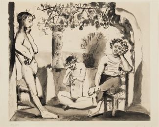 10
After Pablo Picasso
1881-1973, Spanish
"Bacchanale"
Etching and aquatint on paper under glass
Edition 62/250, signed in pencil lower right: Picasso, editioned in pencil lower left and blindstamped for Chrommelynck, Paris, numbered verso: C-837, titled by repute
Sight: 22" H x 24.75" W; Sheet: 22.75" H x 31" W
Estimate: $4,000 - $6,000