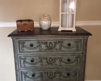 Stunning Le Mache’ Ornate Chest 
   Top is Walnut Colored and the Rest is a lovely Greenish Blue 
    (3) Drawers Painted Inside Also
Antique Brass Knobs 
    Width   32”
    Height 35”
    Depth  15”
    